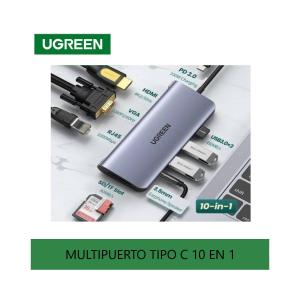 ADAPTADOR UGREEN 10 EN 1 DE ALUMINIO 1 puerto hdmi 4k -30 hz 1 puerto vga 4k 60 hz 1080 3 puertos usb 3.0 1 puerto red gigabit 1 puerto c de 100 watts 2 puerto lector memoria sd tf . 1 puerto